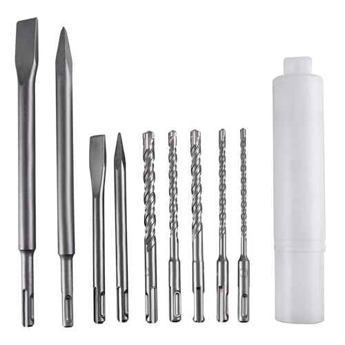 SUKITMISO 9 Stück SDS Plus Bohrer Set, SDS Plus Bohrer und Meißel Set, Hammerbohrer + Punkt Meißel + Flacher Meißel für alle Bohrhämmer mit SDS-plus Aufnahme (SDS Plus, 9tlg) von SUKITMISO