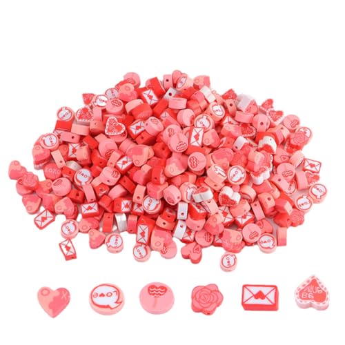 SUKPSY 100 Stück rosa Polymer-Ton-Perlen mit Loch, gemischter Umschlag, Liebesbrief, Blume, Liebe, Herzform, lose Abstandshalter für DIY-Armband, Halskette, Handy, Schlüsselband, Bastelzubehör (Rosa) von SUKPSY