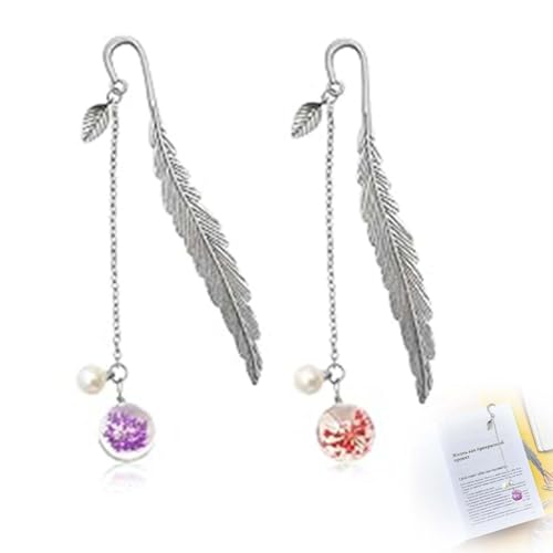 Lesezeichen, Feder Lesezeichen, 2PCS Metall Feder Lesezeichen mit Glasperlen Ewige trockene Blume Anhänger Ideales Geschenk für Erwachsene Kinder und Studenten von SULIUDAJI