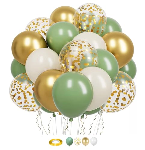 SULIVES 60 Stück Salbeigrün und Gold Luftballons, 30,5 cm Grün- und Weißgold-Latexballons, salbeigrün Partyballons, Metallic-Grün und Gold Luftballons für Geburtstag, Hochzeit und Feiern von SULIVES