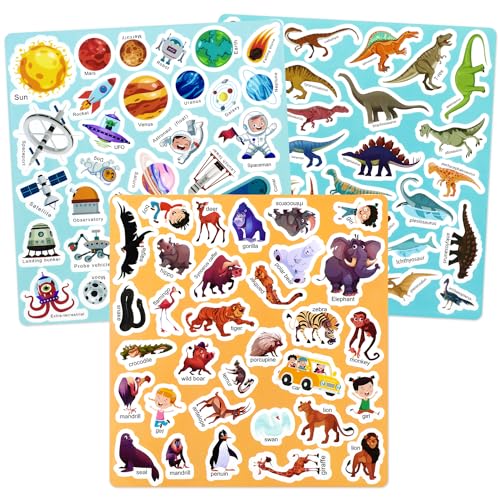 SULOLI 3 Stück Wiederverwendbare Stickerbücher wasserdichte Stickerbuch-Spielzeuge Tier Sticker Book Set von Zoo Weltraum Dinosaurier für Kinder von SULOLI