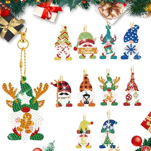 SULOLI 5D Diamond Painting Weihnachten,10 Stück Double-Sided Zwerge Bohranhänger für DIY Kit Schlüsselanhänger Weihnachtsbaum Deko von SULOLI