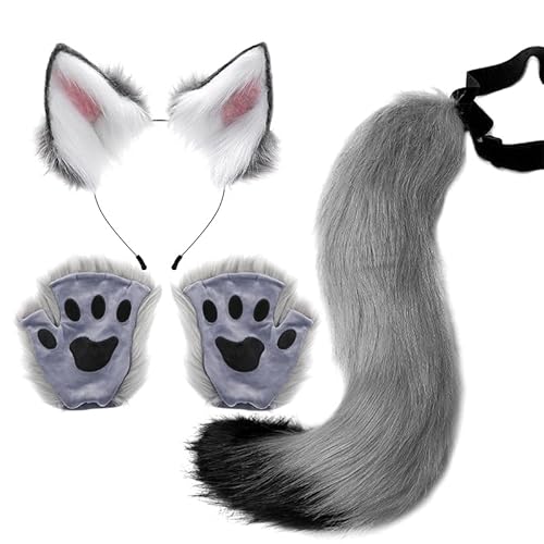 SUMKTO Fox Kostüm Set Halloween Fox Ohren Schwanz Pfote Handschuhe Tier Fancy Kostüm Kit Zubehör für Erwachsene Halloween Cosplay Kostüme von SUMKTO