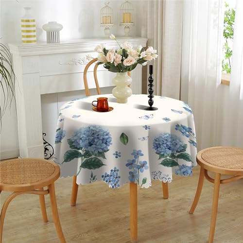 Rund Tischdecke 150cm, Blaue Blumen Landhausstil Tischdecke Polyester wasserdicht Fleckenfrei, Tischdecke für Heimküche Essparty Terrasse Innenbereich Außenbereich von SUMLAND