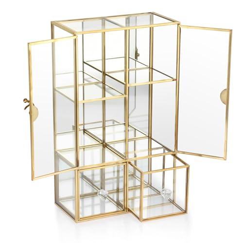 SUMTree Aufbewahrungsbox Schmuck Organizer Glas Schmuckkasten Schmuck Aufbewahrung Vitrine Goldene Schmuckbox Schminktisch Schmuckkästchen Schlafzimmer Schmuckholder Schmuckschatulle für Kosmetik von SUMTree