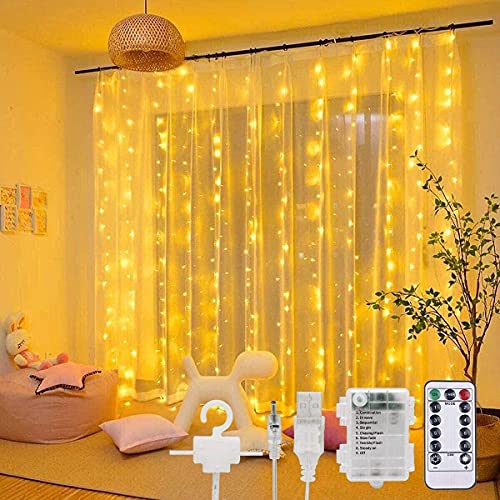 SUNACE LED Lichtervorhang - 3M*3M 300 LED Lichterkettenvorhang Batterie 8 Modi Wasserdicht USB Lichterketten Vorhang mit Fernbedienung Timer Lichtvorhang für Partydekoration Schlafzimmer Deko von SUNACE