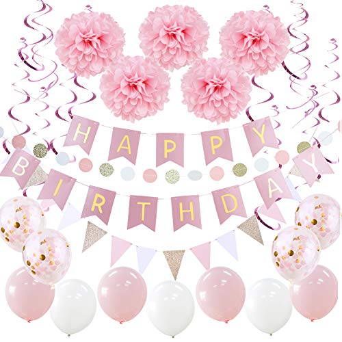 SUNBEAUTY Happy Birthday Girlande Set Geburtstag Dekoration Seidenpapier Pompoms Rosa Folie Spirale Deko (Rosa) von SUNBEAUTY