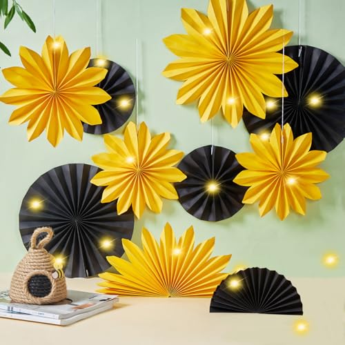 SUNBEAUTY 11 Stück Herbst Sonnenblume Dekoration Papier Fächer mit LED-Lichterkette Hängend Gelb Schwarz Party Geburtstagsdeko für Abschluss Hochzeit Thanksgiving Baby Shower Herbstdekoration von SUNBEAUTY