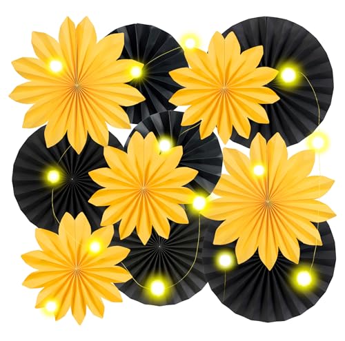 SUNBEAUTY 11 Stück Herbst Sonnenblume Dekoration Papier Fächer mit LED-Lichterkette Hängend Gelb Schwarz Party Geburtstagsdeko für Abschluss Hochzeit Thanksgiving Baby Shower Herbstdekoration von SUNBEAUTY