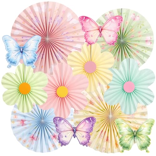 SUNBEAUTY 12 Stück Papier Fächer Dekoration Hanging Girlande Schmetterling Blumen Papierfächer Gartenparty deko Set für Hochzeit Geburtstag Tea Party Tischdeko Classroom Baby Shower Fasching Deko von SUNBEAUTY