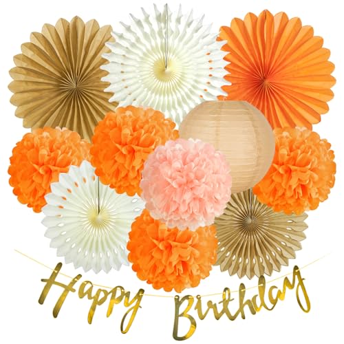 SUNBEAUTY 12 Stück Herbst Dekoration Set mit Orange Papierfächer Pompom Papierlaternen Happy Birthday Banner für Aperol Deko Geburtstag Thanksgivingr Sommer Herbst Deko Party Dekoration von SUNBEAUTY