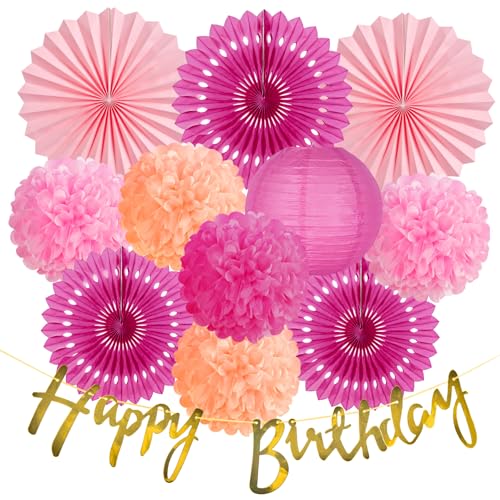 SUNBEAUTY 12 Stück Rosa Geburtstage Dekoration Set mit Pink Papierfächer Pompom Papierlaternen Happy Birthday Banner für Frühling Sommer Deko Party Dekoration von SUNBEAUTY