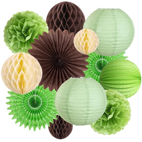 SUNBEAUTY 12 Stück Seidenpapier Pompons Deko Grün Braun Gelb Papier Pompoms Papierfächer Lampions für Geburtstag Hochzeit Gartenparty Dekoration von SUNBEAUTY