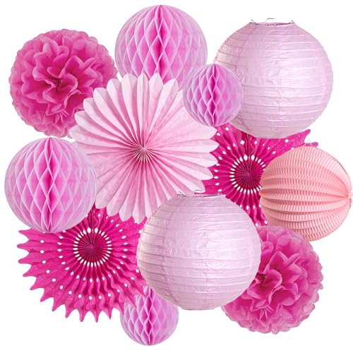 SUNBEAUTY 12 Stück Seidenpapier Pompons Deko Rosa Papier Pompoms Papierfächer Lampions für Geburtstag Hochzeit Gartenparty Dekoration von SUNBEAUTY