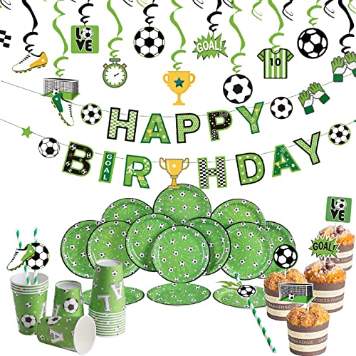 SUNBEAUTY 122 Stück Fussball Geburtstag Deko Set- Happy Birthday Banner, Pappbecher, Pappteller, Strohhalme, Cake Toppers, Spiralen Kindergeburtstag für Fussball Deko Geburtstag Kinder von SUNBEAUTY