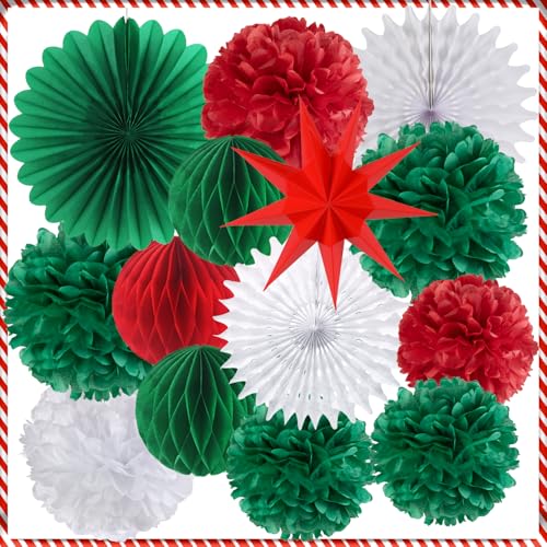 SUNBEAUTY 14 Stück Weihnachten deko Set Hängende Christmas Party deko enthält Papier Wabenbälle deko Seidenpapier Pompom Papier Fächer Neuneck stern Deko (Rot & Grün & Weiß) von SUNBEAUTY