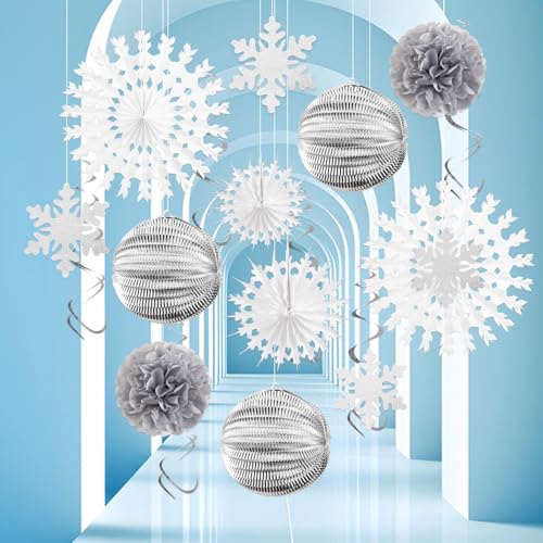 SUNBEAUTY 19 Stück Weihnachten Schneeflocken Dekorationen Hängende Schneeflocken Wirbel Papier Fächer Seidenpapier Pompom Silberne runde Papierlaternen für Winter Urlaub Wunderland Christmas von SUNBEAUTY