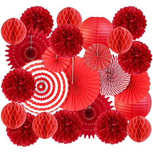 SUNBEAUTY 24 Stück Rot Weihnachten Dekoration Pompoms Wabenbälle Papierfächer deko für Geburtstag Hochzeit Muttertag Feier Valentinstag Christmas Party von SUNBEAUTY