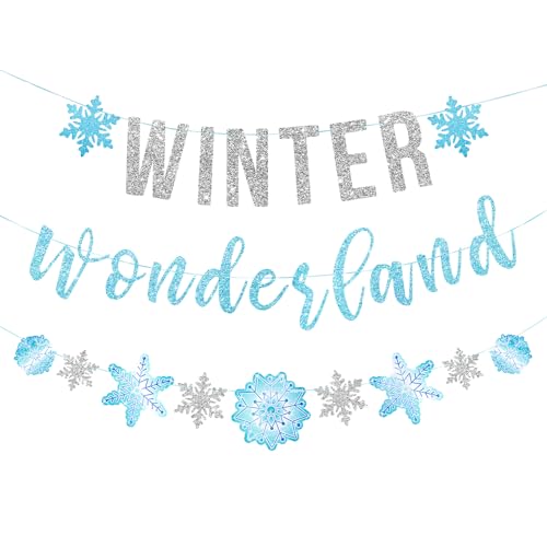 SUNBEAUTY 3 Stück Winter Wonderland Schneeflocke Banner Weihnachten Urlaub Party Dekorationen Winter Themed Party Schneeflocken Deko Glitzer Weiß Blau Banner für Neujahrsfeier Christmas Deko von SUNBEAUTY