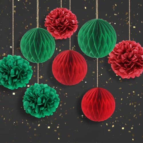 SUNBEAUTY 8 Stück Hängende Waben Dekorationen Weihnachten Papier Wabenbälle deko Rot Grün Pompons Deko Seidenpapier Pompom für Geburtstag Hochzeit Graduierung Baby Showe von SUNBEAUTY