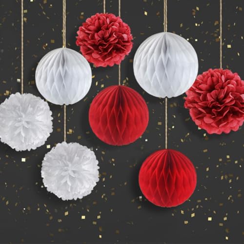 SUNBEAUTY 8 Stück Baumschmuck Weihnachten Hängende Waben Dekorationen Weihnachten Papier Wabenbälle Deko Rot Weiß Pompoms Deko Seidenpapier Pompom Christbaumschmuck Papier für Weihnachtsbaum Deko von SUNBEAUTY