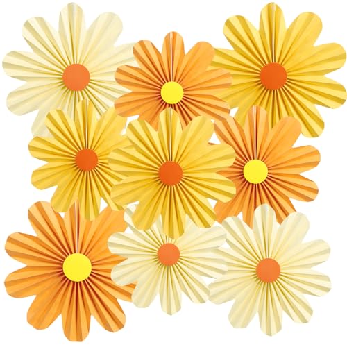 SUNBEAUTY 9 Stück Papier Fächer Dekoration Hanging Girlande Orange Gelb Gänseblümchen Papierfächer für Hochzeit Geburtstag Tea Party Tischdeko Classroom Baby Shower Backdrop Garland von SUNBEAUTY