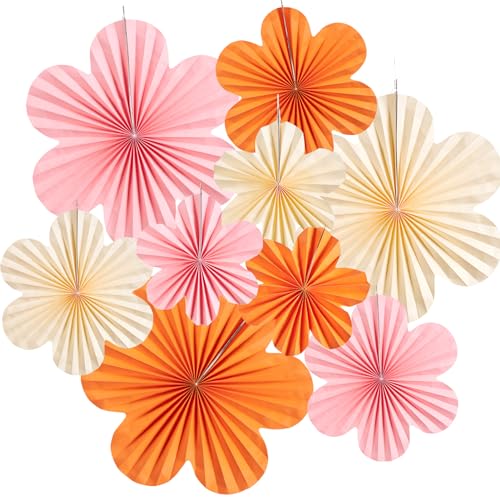 SUNBEAUTY 9 Stück Papier Fächer Dekoration Hanging Girlande Rosa Orange Blumen Papierfächer Cremefarben Party Deko Set für Hochzeit Geburtstag Tea Party Tischdeko Classroom Baby Shower Fasching Deko von SUNBEAUTY