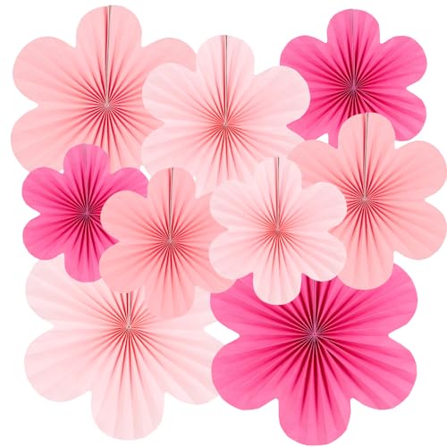 SUNBEAUTY 9 Stück Papier Fächer Dekoration Papierblumen zum Aufhängen Rosa Blumen Papier Party Deko Set für Hochzeit Geburtstagsdeko Tischdeko Baby Shower Frühling Sommer Deko von SUNBEAUTY