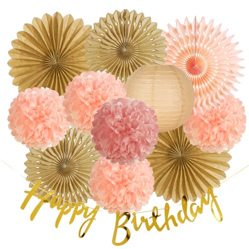 SUNBEAUTY Braun Papier Fächer Geburtstag Dekoration Rosa Deko Pfirsichrosa Seidenpapier Pom Poms Papierfächer Braun Laterne Happy Birthday Banner für Gartenparty Deko Hochzeit Herbstdekoration von SUNBEAUTY