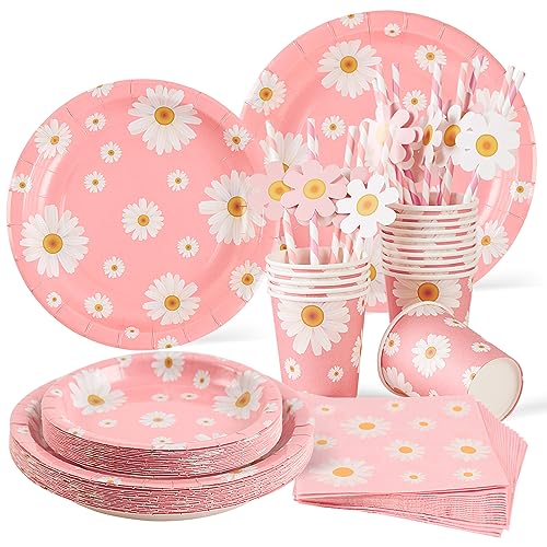 SUNBEAUTY Gänseblümchen Partygeschirr Set Weiße Gänseblümchen Blumen Party Dekorationen einschließlich Papier Teller Pappbecher Servietten Strohhalme für Hochzeit Geburtstag Babyshower Deko von SUNBEAUTY