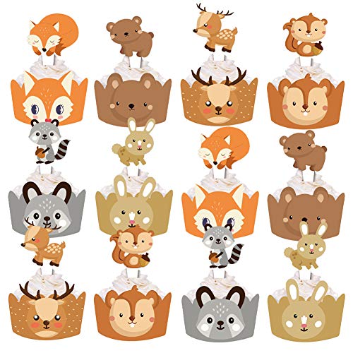 SUNBEAUTY Kuchendeko, 24 Stück Waldtiere Cupcake Toppers Cupcake Wrapper Set Muffinförmchen Papier Waldtier Tier für Geburtstag Kindergeburtstag Party von SUNBEAUTY