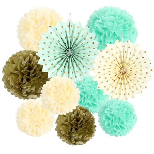 SUNBEAUTY Seidenpapier Pompoms, 10er Set Papierfächer Fans Pompons Ponponbälle Deko Rosetten Mint Grün Gold Creme für Geburtstag Hochzeit Feier Valentinstag Party Babypartys von SUNBEAUTY