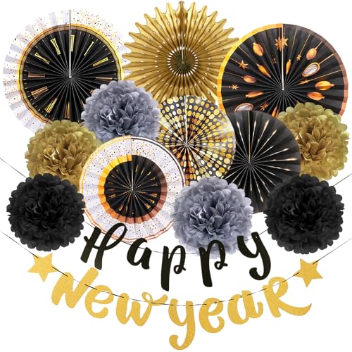 SUNBEAUTY Silvester Deko 2025 Neujahr Silvesterdeko Happy New Year Girlande Gold Schwarzes Papier Fächer Seidenpapier Pom Poms Dekoration Silvesterpartydeko Accessoire für Silvesterparty von SUNBEAUTY