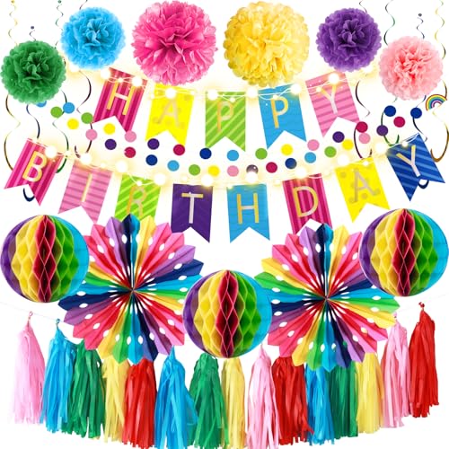 SUNBEAUTY 27 Stück Regenbogen Deko Geburtstag Bunt Happy Birthday Girlande Wiederverwendbar Geburtstagsdeko für Kindergeburtstag Happy Birthday Deko von SUNBEAUTY