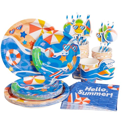 SUNBEAUTY Sommer Partyteller Partygeschirr Strand-Pool Partyzubehör einschließlich Papier Teller Pappbecher Servietten Strohhalme für Hawaii Geburtstag Babyshower Deko von SUNBEAUTY