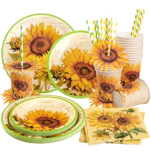 SUNBEAUTY Sonnenblume Partygeschirr Set Gelb Sonnenblume Blumen Party Dekorationen einschließlich Papier Teller Pappbecher Servietten Strohhalme für Hochzeit Geburtstag Babyshower Deko von SUNBEAUTY