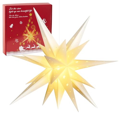 SUNBEAUTY Weihnachtsstern Beleuchtet Batterie mit Timer, 58CM Hängend Weihnachtsdeko Aussen Led Stern, 3D Leuchtstern, Weihnachtsstern für innen und außen von SUNBEAUTY