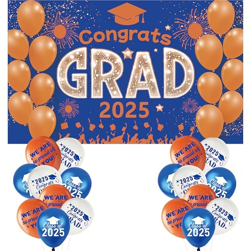 Blau-orangefarbene Abschlussdekorationen, Banner der Klasse 2025, Banner mit 18-teiligem Ballon-Set – großes Congrats Grade 2025 Abschlussdekoration, blaue Graduierten-Ballons, Party-Dekorationen von SUNDECO