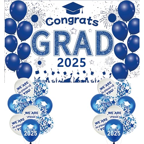 Blaue und weiße Abschlussdekorationen, Banner der Klasse 2025, Banner mit 18-teiligem Ballon-Set – großes Congrats Grade 2025 Abschlussdekoration, weiße Graduierten-Ballons, Party-Dekorationen von SUNDECO