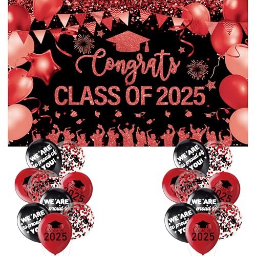 Rote und schwarze Abschlussdekorationen "Congrats Class of 5,135.5 cm Banner mit 18 Stück Abschlussballon-Set, groß, Congrats Grade 2025, Abschlussfeier, Dekoration, rote Graduierten-Luftballons, von SUNDECO