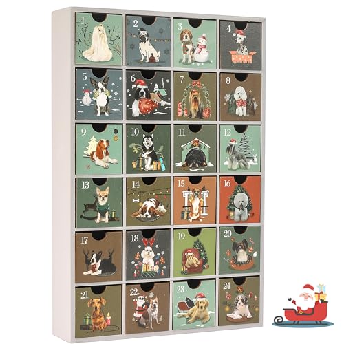 SUNGIFT Adventskalender aus Holz, Hund Holz Wiederverwendbar Adventskalender mit 24 Schubladen, 13 Zoll Countdown bis Weihnachten leer nachfüllbarer Adventskalender zum Befüllen 2023 von SUNGIFT