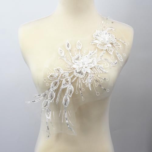 SUNMOVE 1 x Perlen-Spitzenapplikation, Netzbesatz, zum Aufnähen, Blumenstoff, Kragenaufnäher für Hochzeitskleid, Kleid, Braut, Basteln (weiß) von SUNMOVE