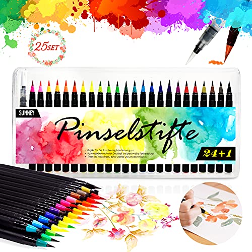 Pinselstifte Set, 24 Aquarell Pinselstifte + 1 Wassertankpinsel, Brush Pen mit flexiblen Nylonspitzen Handlettering Stifte für Künstler, Bullet Journal, Kalligraphie und Zeichnungen von LITALARM