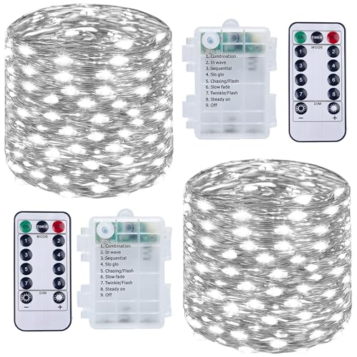 SUNNOW LED Batterie Lichterkette - 2er 10M 100 LED Lichterkette Kupferdraht mit Fernbedienung 8 Modi Wasserdicht Außen Lichterketten für Zimmer, Party, Hochzeit, Weihnachten Dekoration (Kaltes Weiß) von SUNNOW