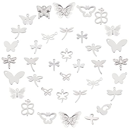 SUNNYCLUE 1 BOX 40 Stück 20 Stile Libelle Charms Bulk Schmetterling Anhänger Fliegendes Tier Insekt Edelstahl Charm Für DIY Schmuckherstellung Armbänder Halsketten Bastelbedarf Silbern Silberfarbig von SUNNYCLUE