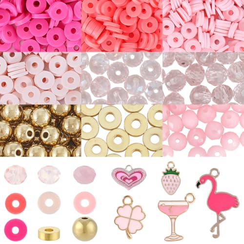 SUNNYCLUE 1 BOX Ca. 840+ STK. Rosa Armband Bastelset Valentinstags Perlenset Emaille Herz Flamingo Anhänger 6mm Runde Flache Scheiben Abstandshalter Lose Polymer Ton Perlen Zur Schmuckherstellung Armb von SUNNYCLUE