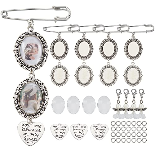 SUNNYCLUE 1 Box 100 Stück DIY 10 Sets Hochzeit Bouquet Foto Charms Making Kit Braut Boutonniere Foto Charm Sicherheitsnadel Memory Brosche Karabiner Engel Charm Tabletts und Kuppeln Cabochon Fassung von SUNNYCLUE