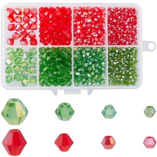 SUNNYCLUE 1 Box 1100 Stück Doppelkegel Glasperlen Weihnachten facettierte Perlen Großpackung sortiert transparent Kristall rot grün Xmas Winter Lose Abstandshalter Edelsteine Perlen für Armbänder DIY von SUNNYCLUE