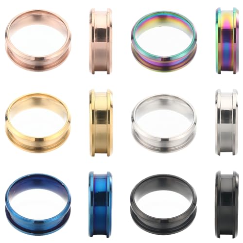 SUNNYCLUE 1 Box 12 Stück Inlay Ringrohlinge Edelstahl Fingerringe Rohling Größe 9 blau Schwarz Golden Gerillte Ringkernrohlinge Laserbeschriftung Einfarbige Bandringe Für Männer Frauen Schmuckherstell von SUNNYCLUE