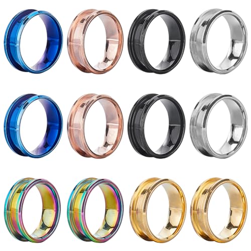 SUNNYCLUE 1 Box 12 Stück Inlay Ringrohlinge Edelstahl Ringrohlinge Größe 8 gerillter Ringkern Schwarz Blau Roségold Runde Leere Ringe Inlay Ring Basisrohlinge Für Schmuckherstellungssets Männer Frauen von SUNNYCLUE